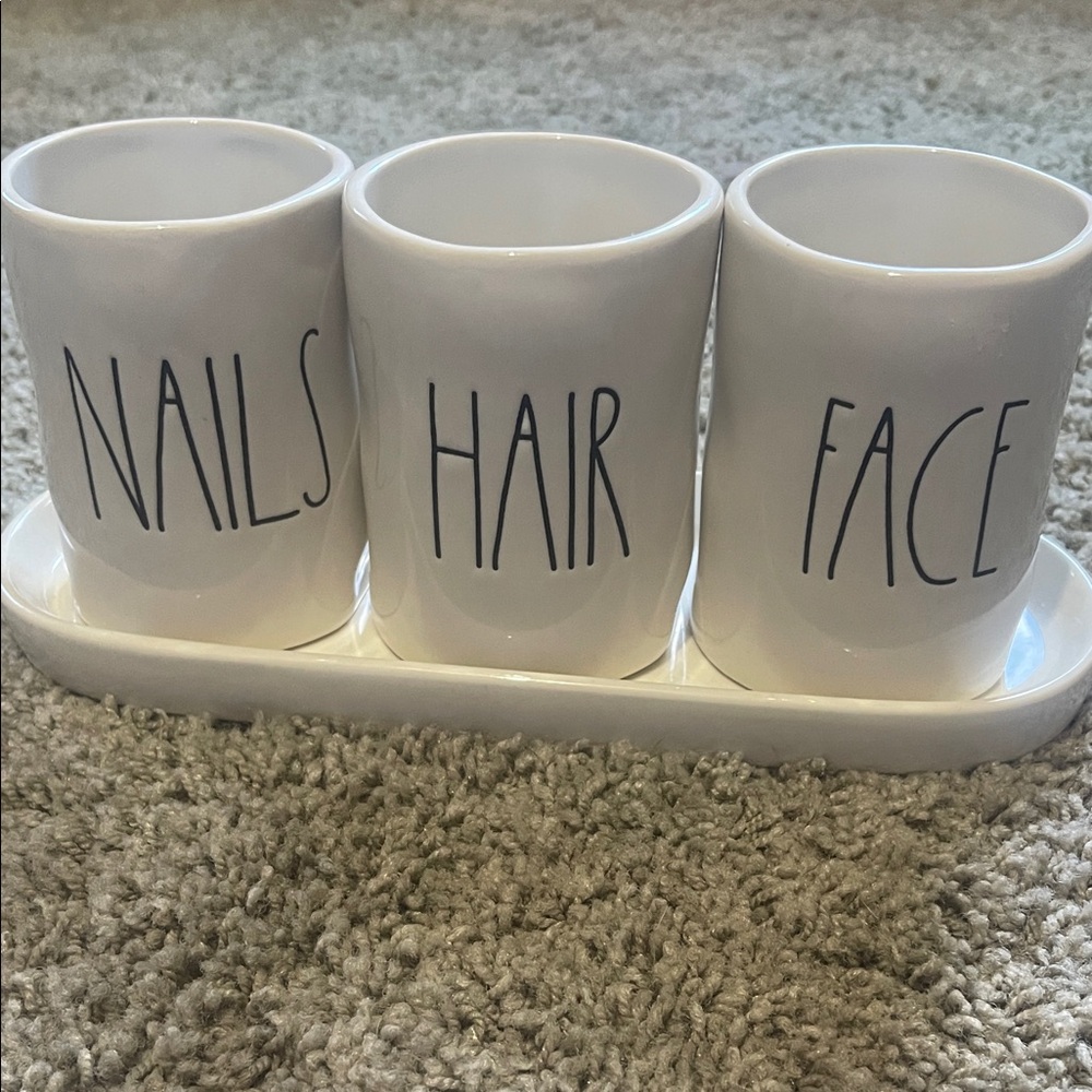 Rae Dunn White Ceramic 4 piece Nails Hair Face Holder Set